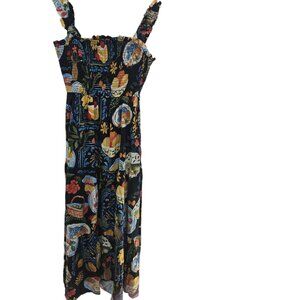 August Sky Black Fruit Breakfast Square Neck Ruched Midi Dress Small NWOT